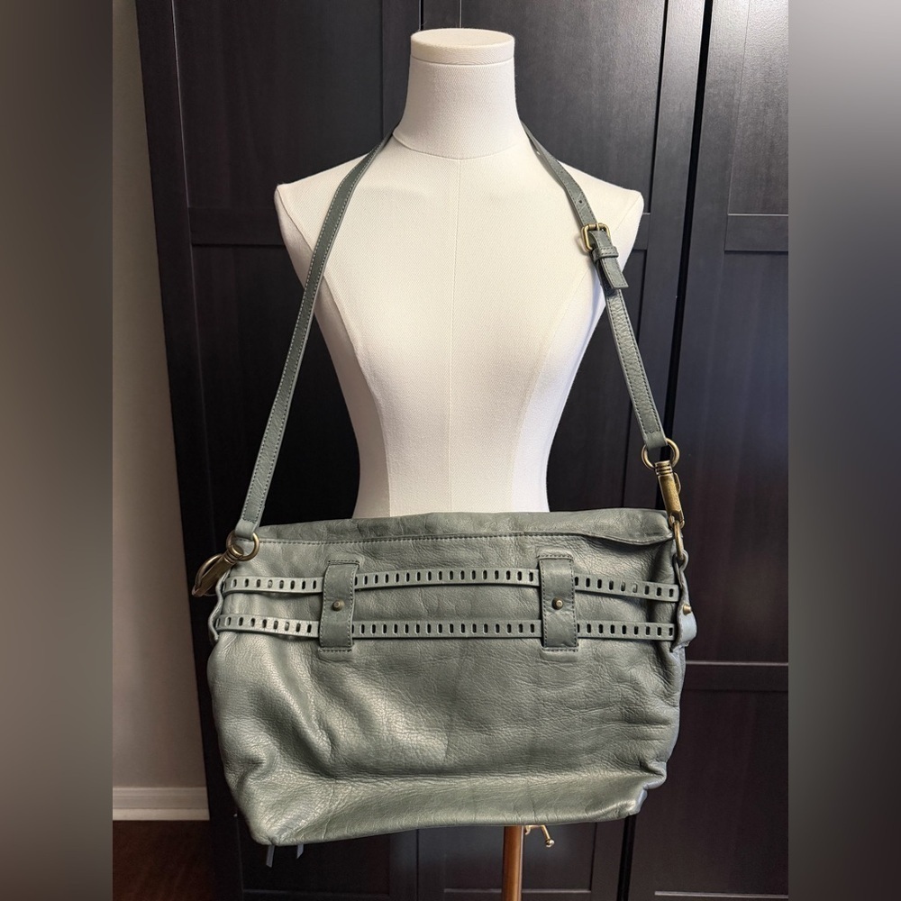 JOELLE HAWKENS Vntg Green Leather Bag Satchel Purse Studded Tassel Zips Hobo - Picture 2 of 11